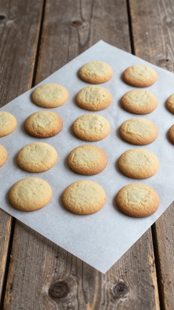 Rustic wooden table, cookies cooling in parchment