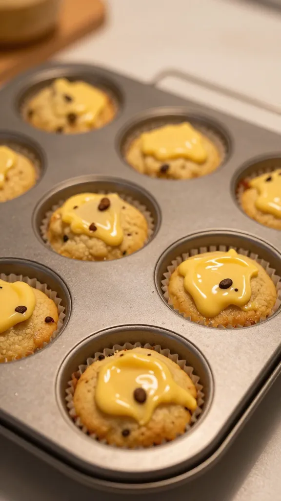 Muffin tin with melty cookies, warm lighting ambiance