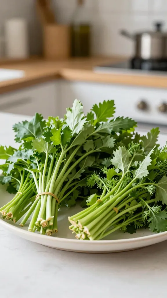 Light-filled kitchen scene with fresh herbs and knots on platter