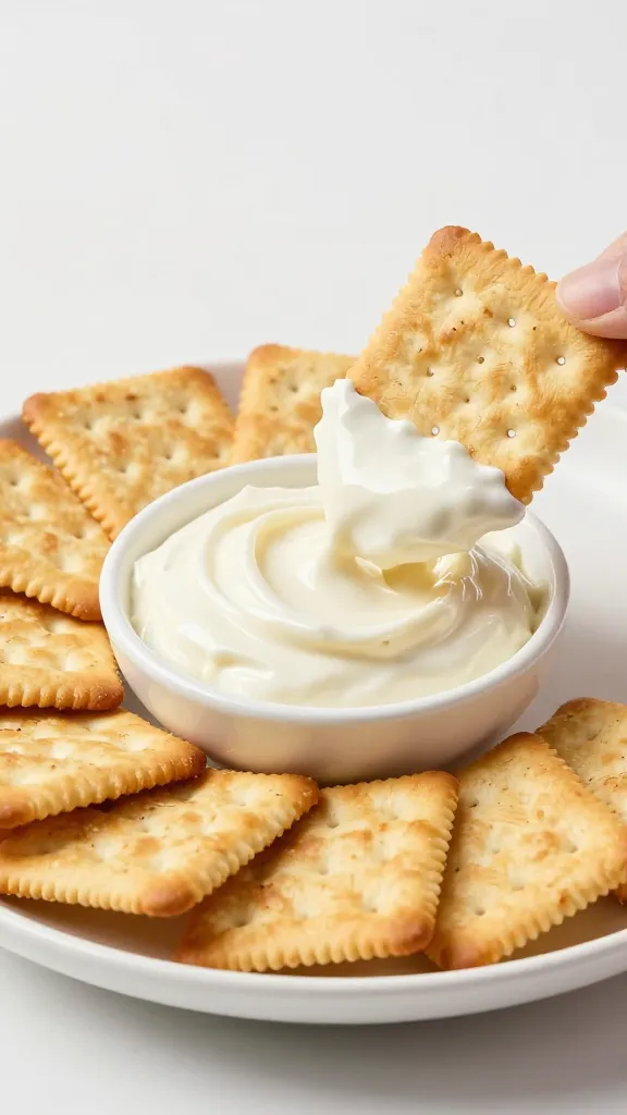 dipping plate with crackers and creamy dip, studio lighting