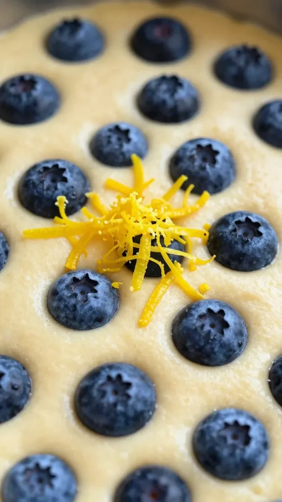Close-up of lemon zest and blueberries in batter
