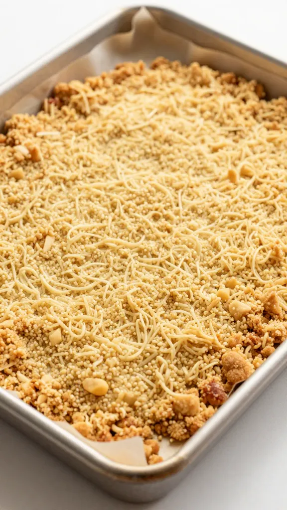 Buttery crumble texture on parchment, baking tray