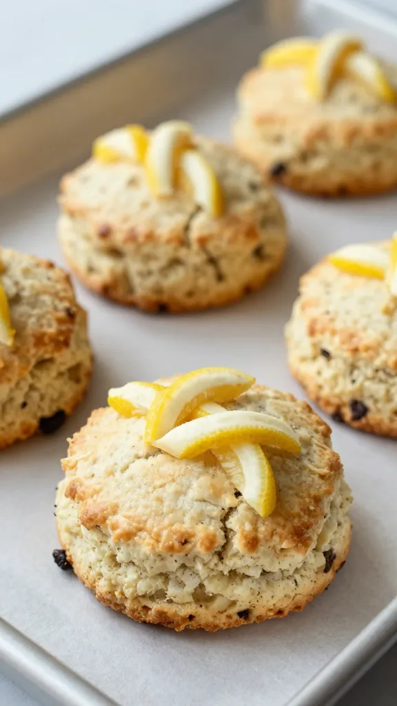 Finished scones with lemon twist garnish, soft natural light