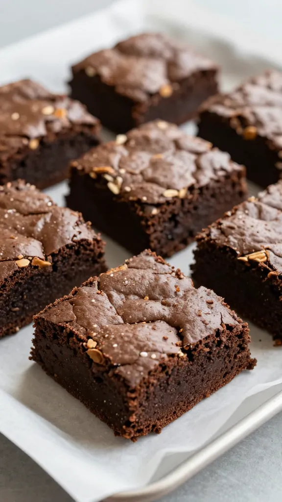 Finished fudgy oat flour brownies on parchment, matte surface