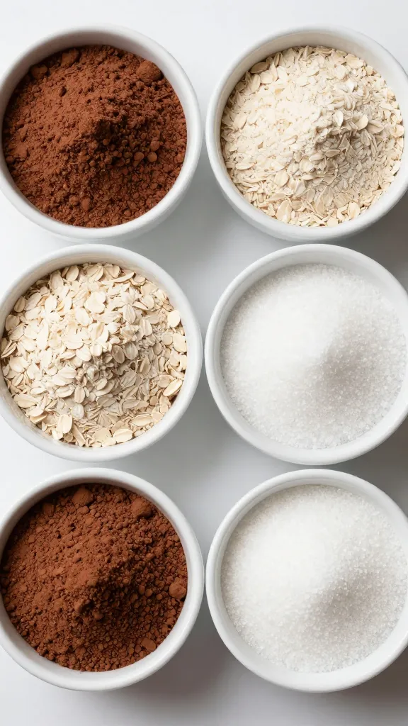Cocoa powder, oat flour, and sugar arranged in bowls