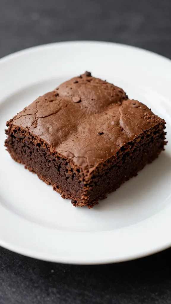 Slice of oat flour brownie on white dessert plate
