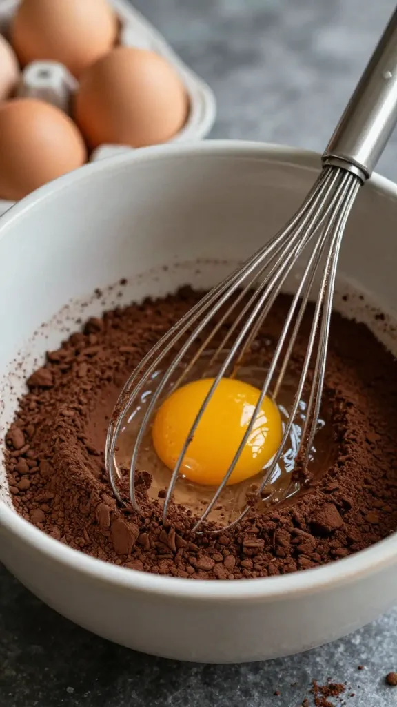 Whisk with eggs and cocoa in a rustic kitchen