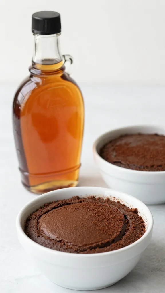 Maple syrup bottle beside bowls of brownie mix