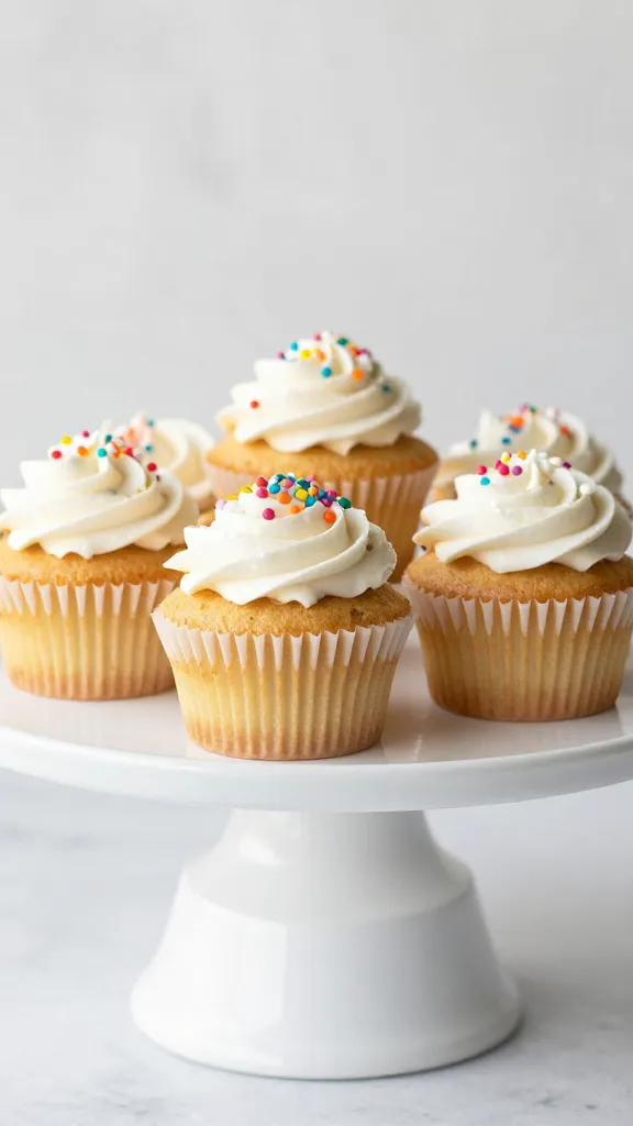 Gluten-free funfetti cupcakes on a white pedestal cake stand