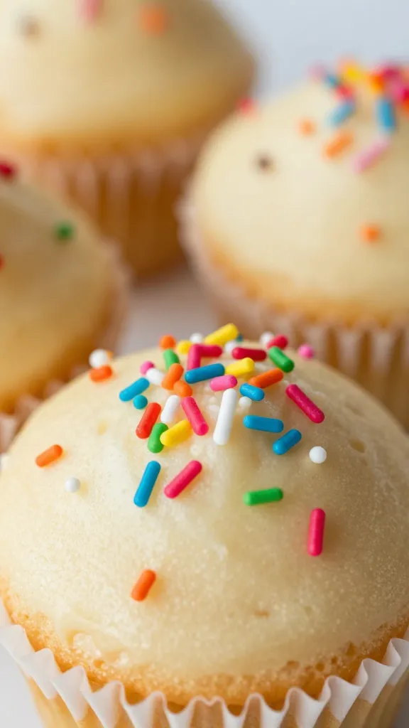 Close-up: colorful sprinkles on vanilla gluten-free cupcakes