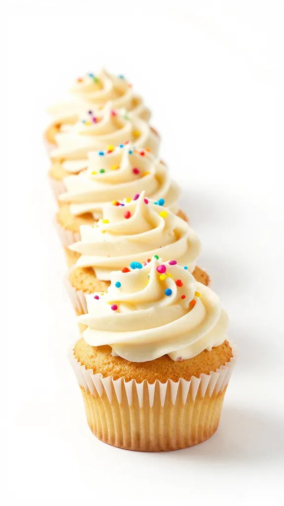 Studio shot: row of frosted gluten-free funfetti cupcakes