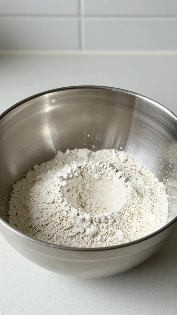 Light-filled kitchen scene with mixing bowl and gluten-free flour