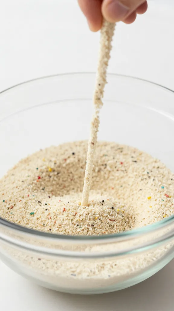 Batter in a glass bowl, colorful specks visible, soft focus