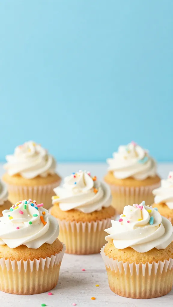 Finished cupcakes with pastel sprinkles, bright backdrop