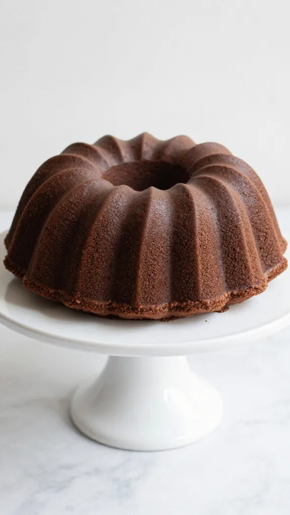 gluten-free chocolate bundt cake on pedestal