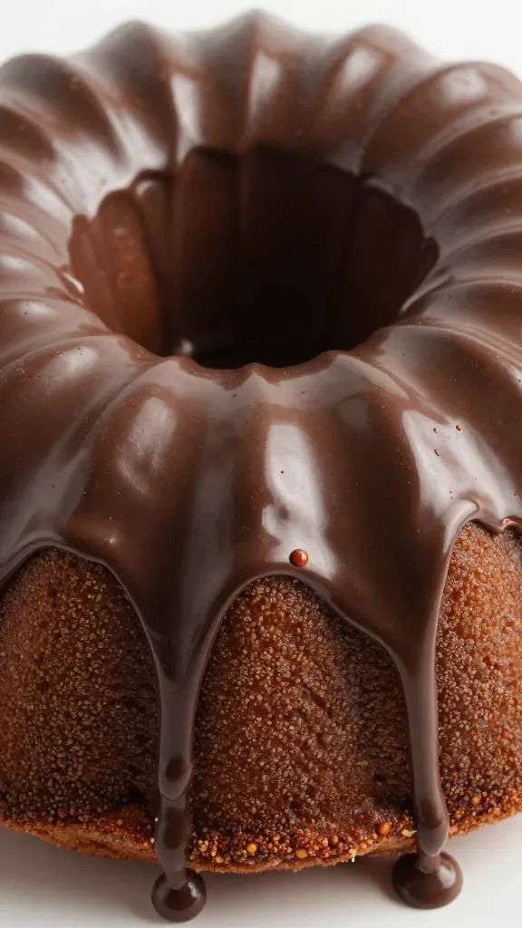 close-up chocolate glaze dripping down bundt