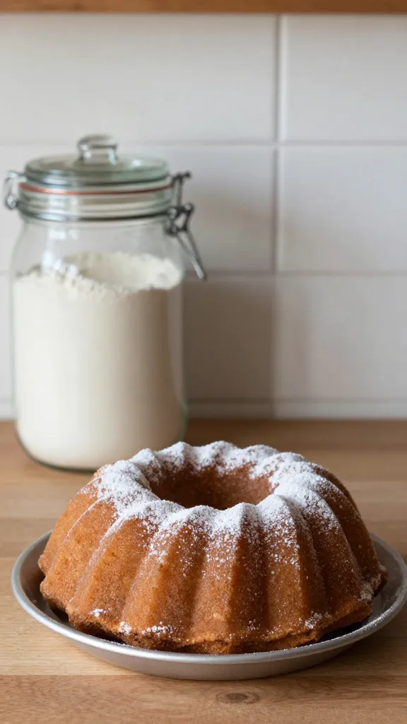 rustic kitchen with gluten-free flour jar and bundt