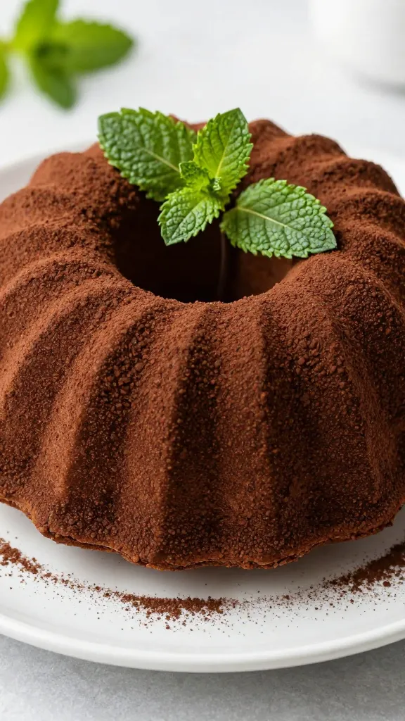 cocoa powder dusted bundt with mint leaves