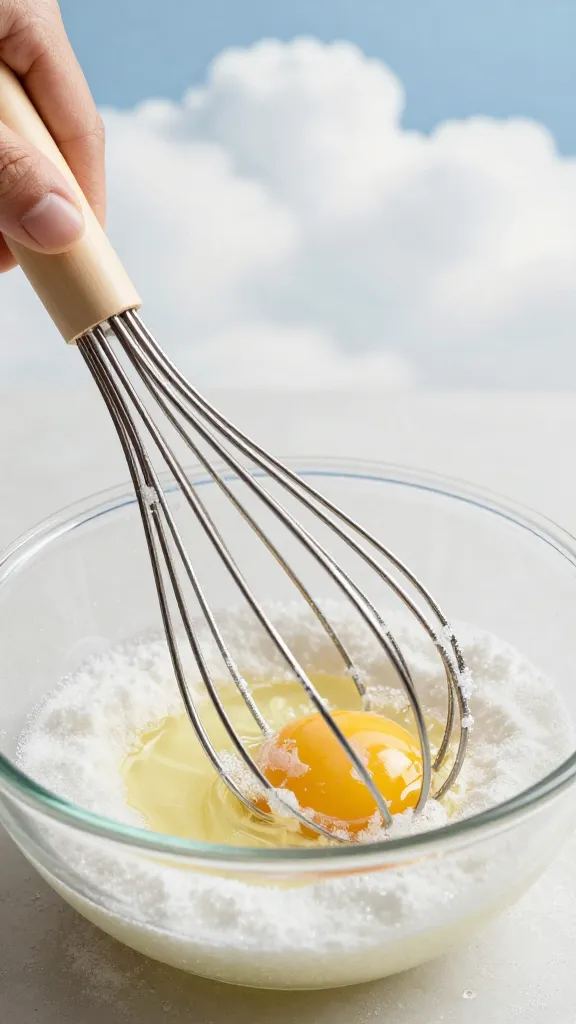 whisking egg whites, sugar, clouds backdrop