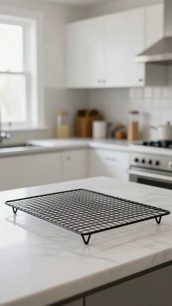 light-filled kitchen with cake cooling rack