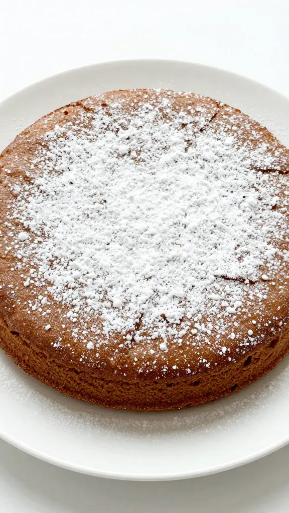 dusted cake with sugar powder, white plate