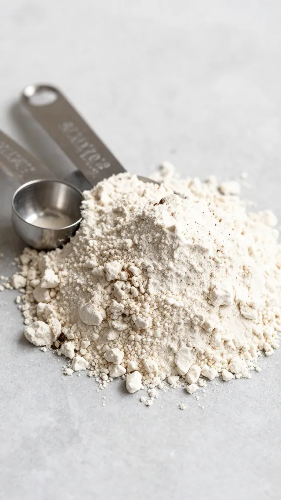 baking scene, gluten-free flour blend measuring spoons