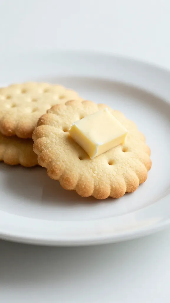 minimal white plate, soft-focus biscuits with butter
