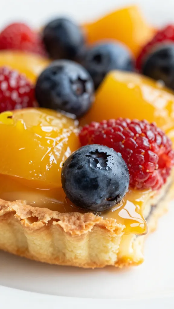 close-up tart slice with glossy fruit topping