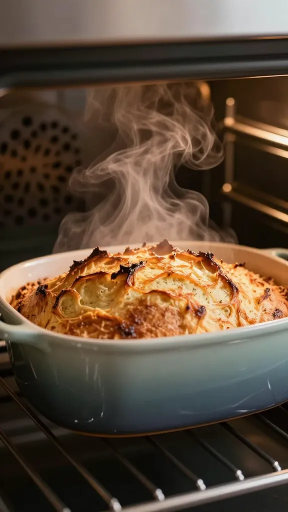 steamy oven with loaf in dutch oven, crust popping