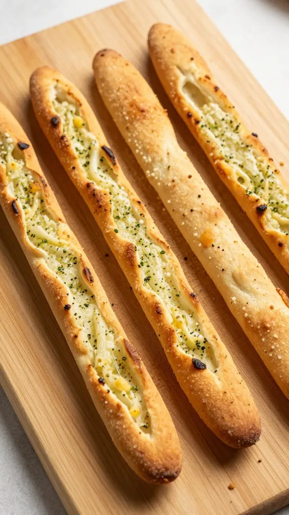 Gluten-free garlic pizza breadsticks on cutting board