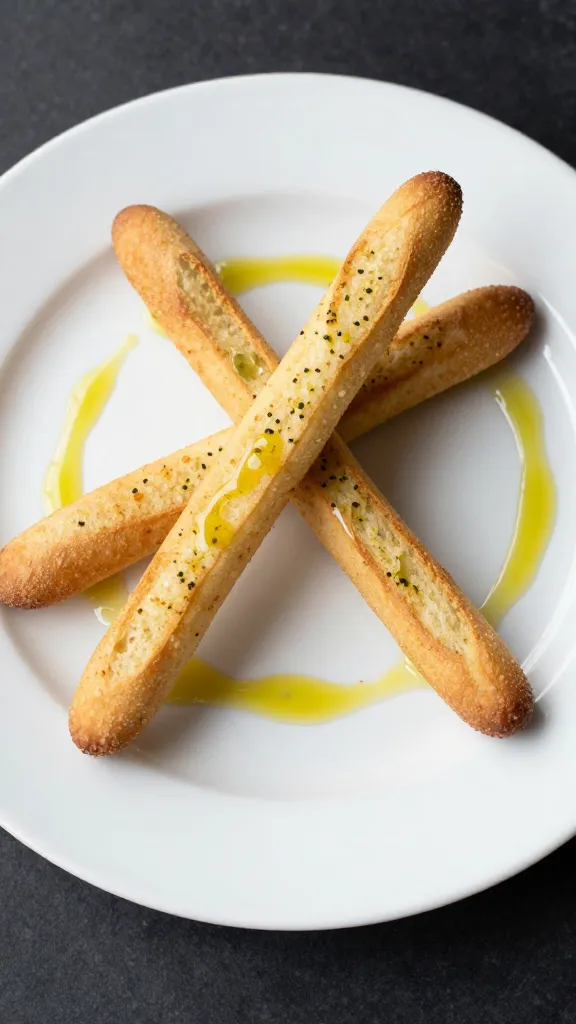 White plate, GF garlic breadsticks, olive oil drizzle