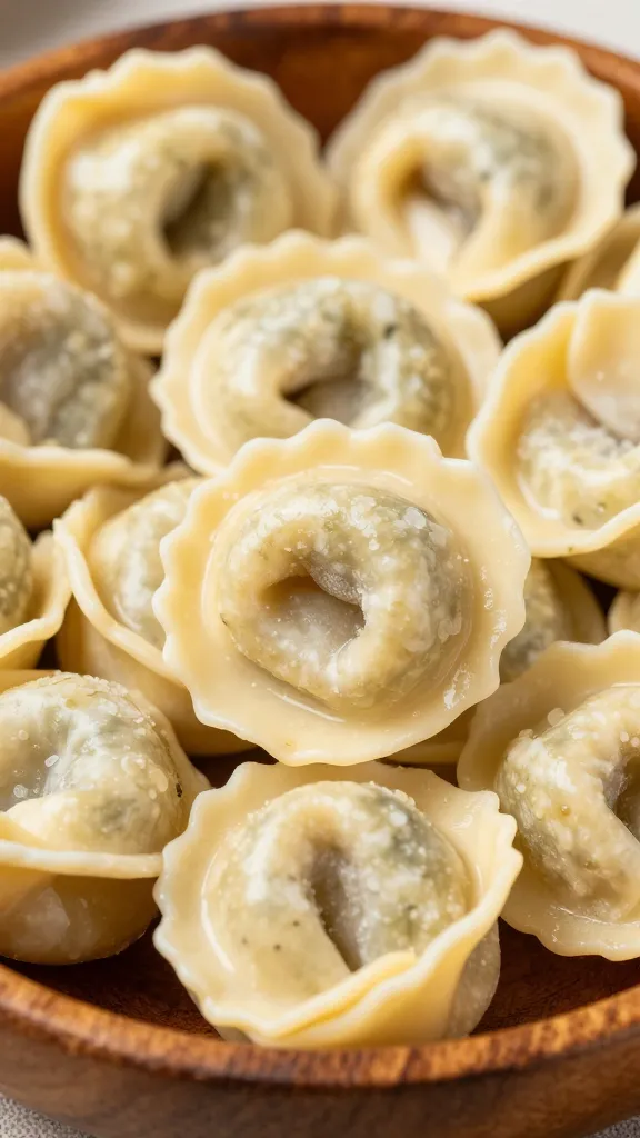 Fresh gluten-free tortellini in a wooden bowl, close-up