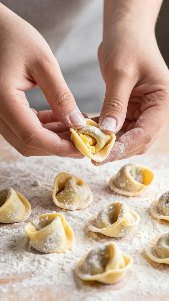 Cheese-filled tortellini being sealed by hands, flour dusting
