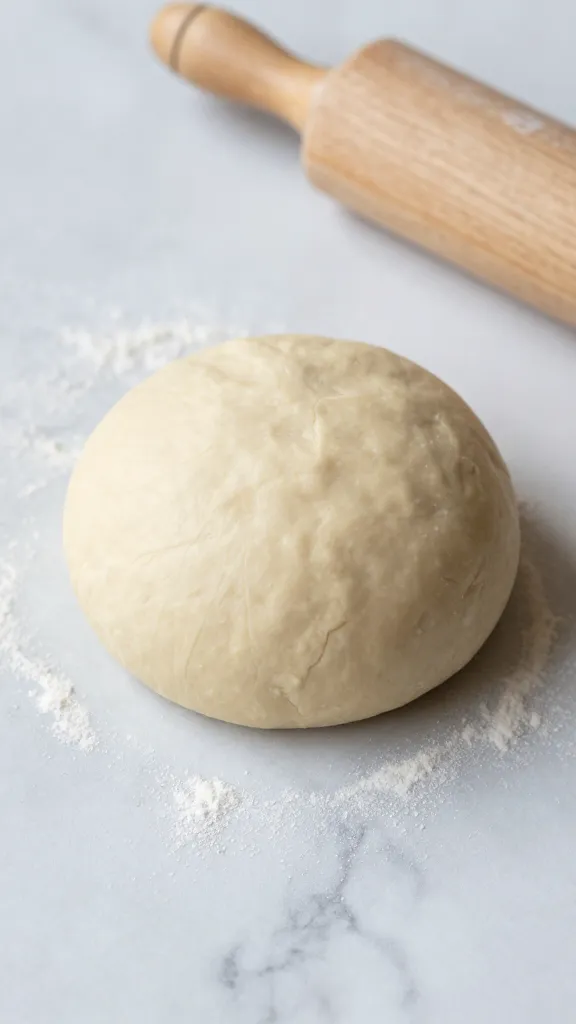 Rustic gluten-free dough ball and rolling pin on marble