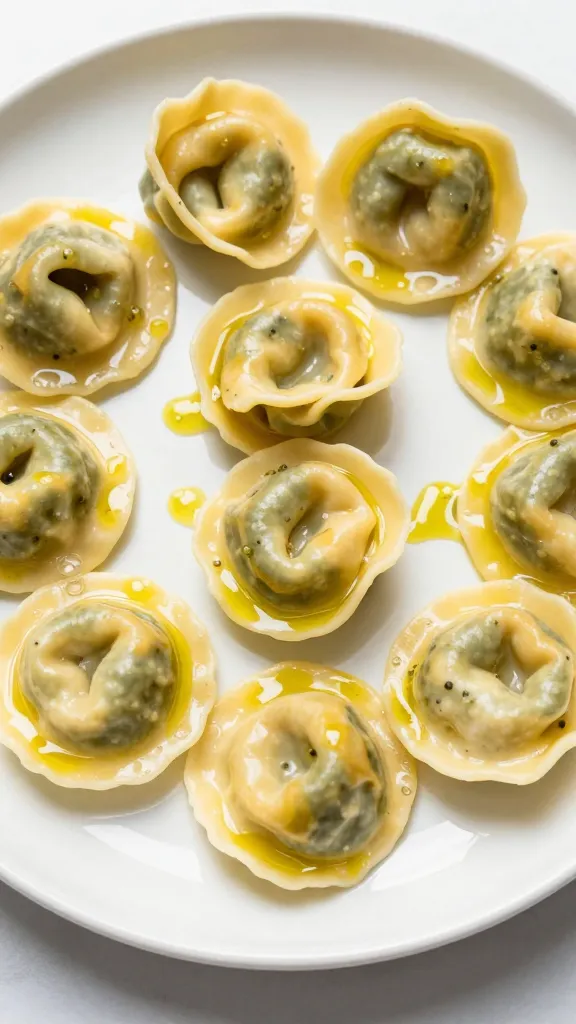 Plate of assorted filled tortellini with olive oil drizzle
