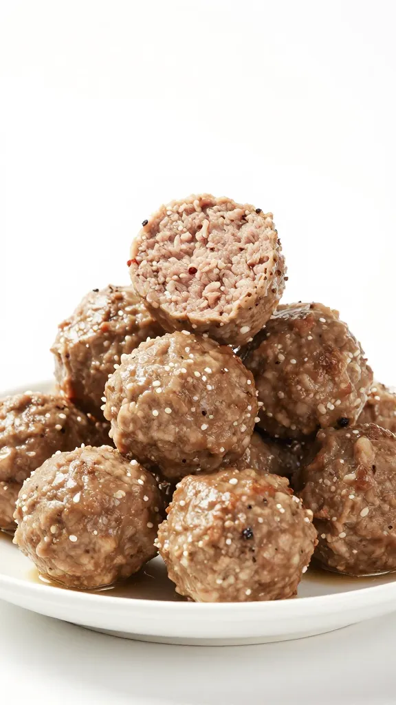Pork-beef meatball stack on clean white plate