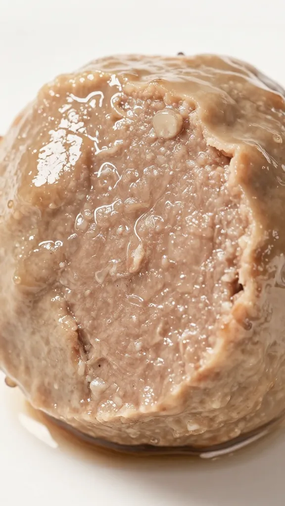 Close-up of glistening meatball halved cross-section