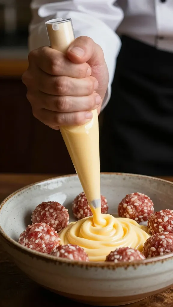 Chef piping cheese-egg binder in rustic bowl with meatballs