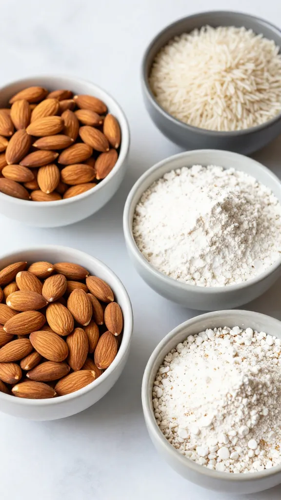 Elegant baking setup: bowls of almond, rice, tapioca flour blend