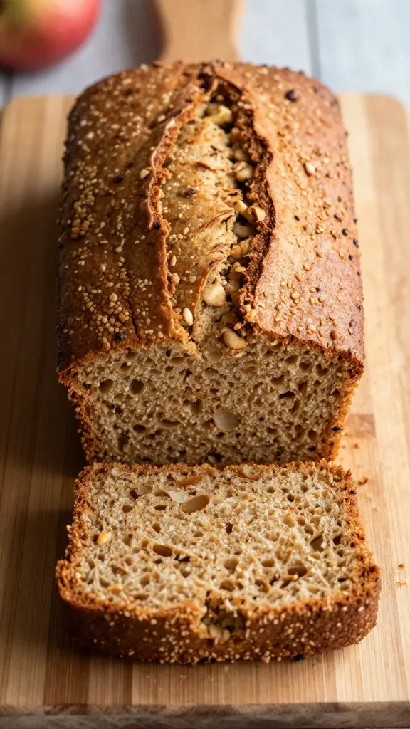 gluten-free apple bread loaf on wooden board