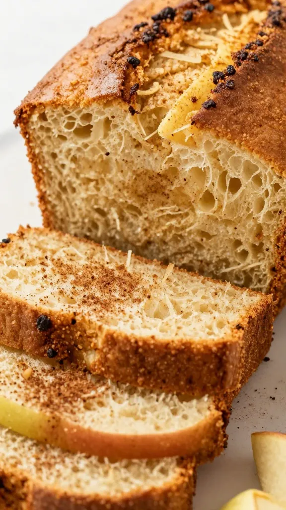 sliced apple bread close-up with cinnamon dust