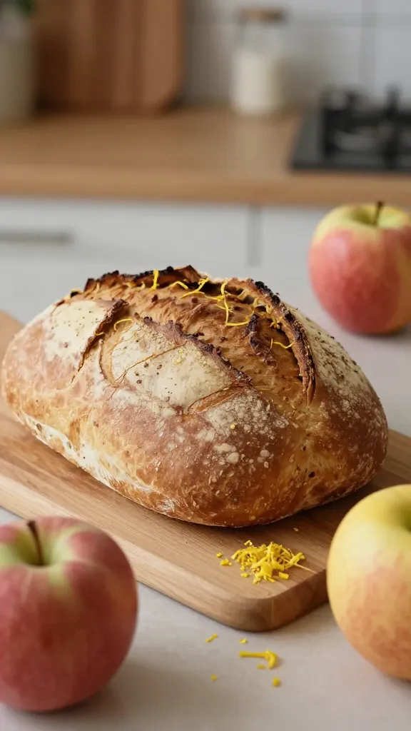 cozy kitchen scene with loaf, apples, lemon zest