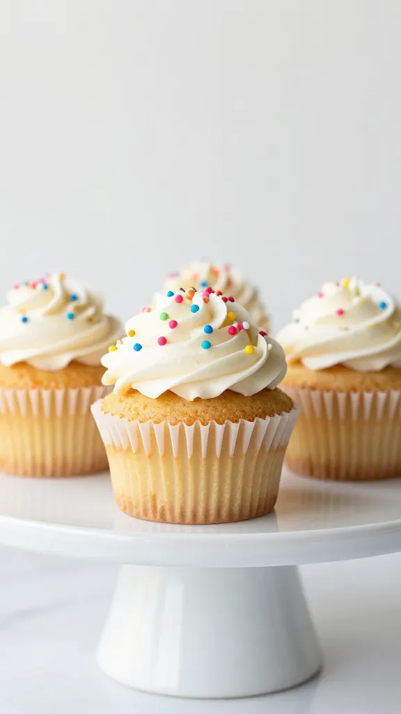 Gluten-free funfetti cupcakes on white pedestal