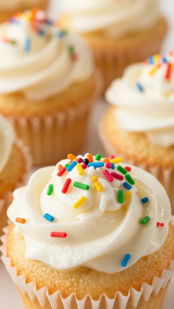 Close-up: rainbow sprinkles on glossy cupcake tops