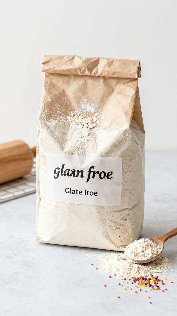 Bright baking setup with gluten-free flour bag and sprinkles