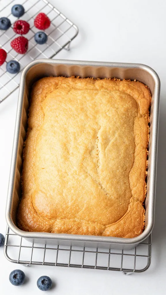 cake pan with cooling rack and berries
