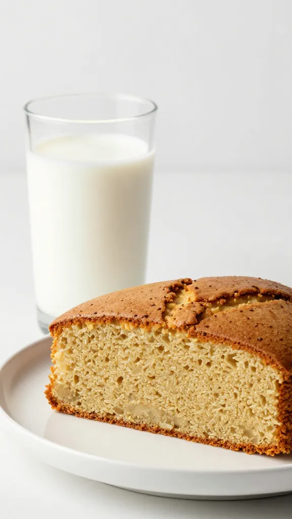 glass of milk beside gluten-free cake