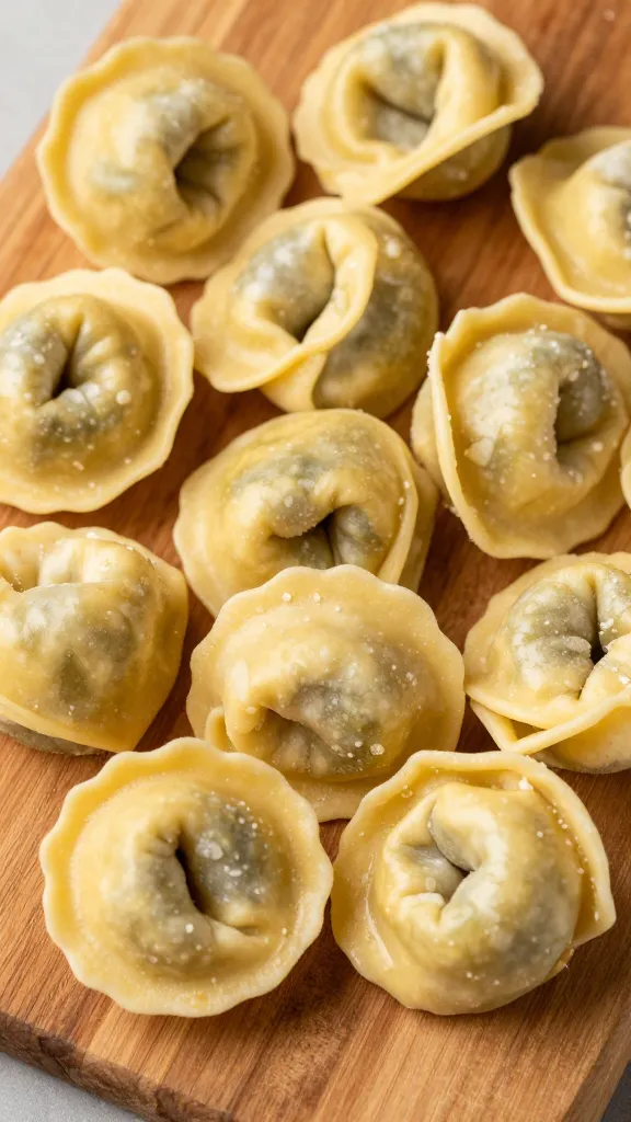 Fresh gluten-free tortellini on a rustic wooden board