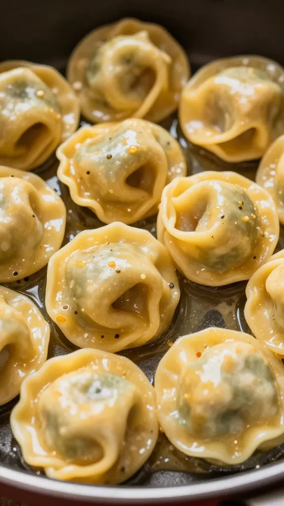 Close-up of stuffed GF tortellini in a skillet with sauce
