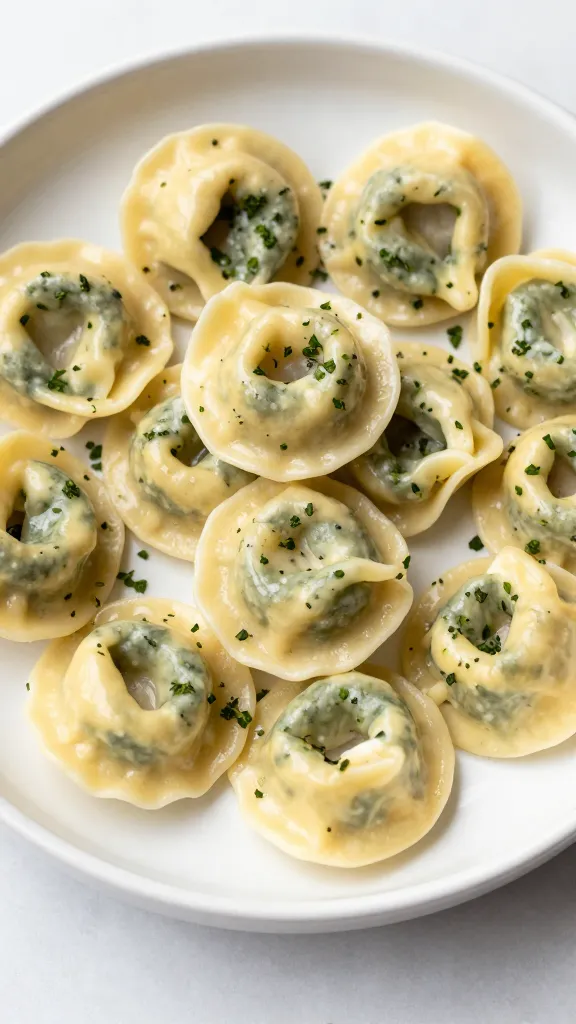 Plate of ricotta-spinach GF tortellini with herbs garnish